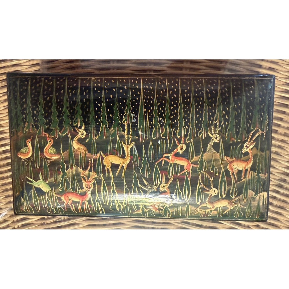Vintage Kashmiri Papier Mâché ANIMAL JUNGLE Trinket Box Handcrafted RECTANGULAR